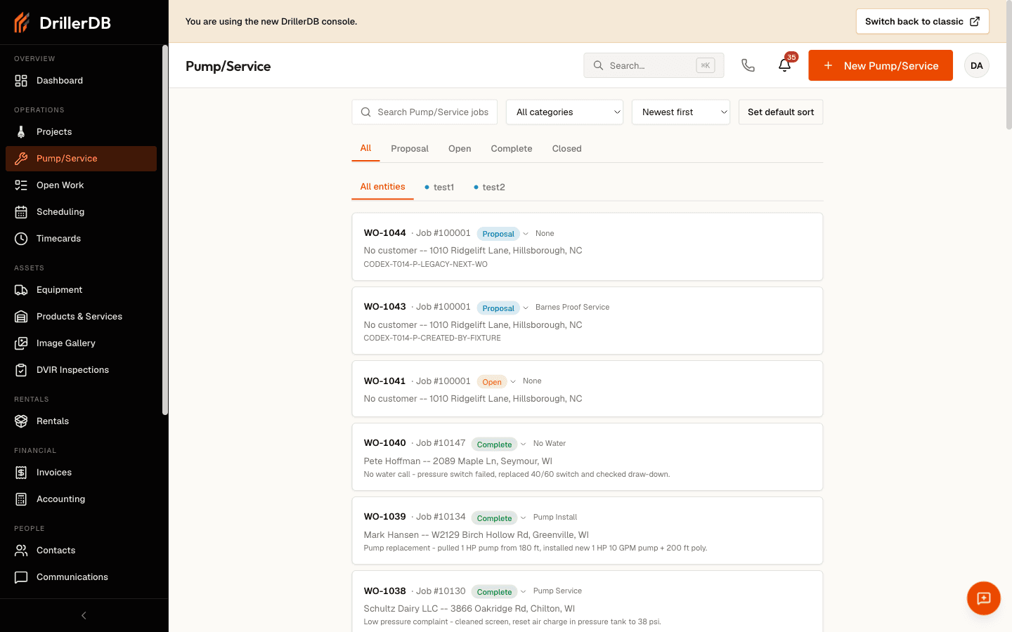 The Pump/Service list showing service jobs as cards, each with its work-order number, linked job number, status badge (Proposal, Open, or Complete), customer and address, and a short work note, plus a search box, category and sort controls, All / Proposal / Open / Complete / Closed status tabs, and a New Pump/Service button.