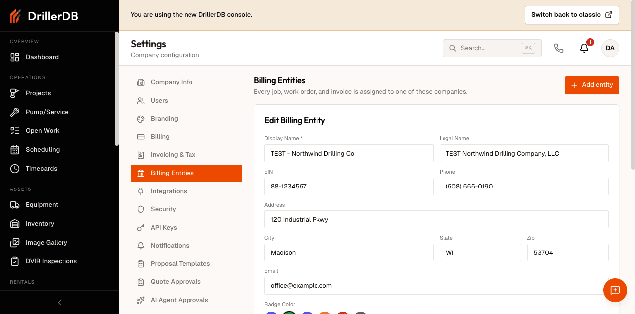 Billing entity form with Display Name, Legal Name, EIN, Phone, Address, City, State, Zip, Email fields, a row of badge color presets with a hex input, a logo upload control, and a Make default checkbox.