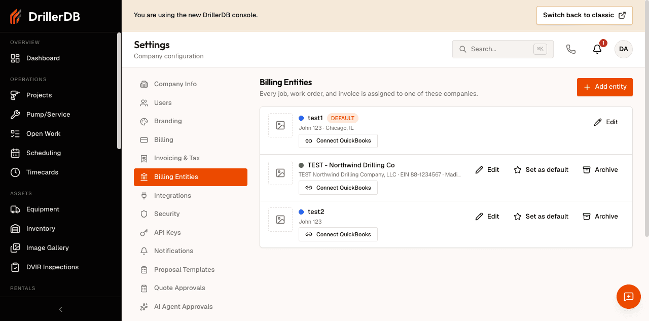 Billing entities list with the default entity showing a DEFAULT badge, and the other entity cards showing Set as default, Edit, Connect QuickBooks, and Archive actions.