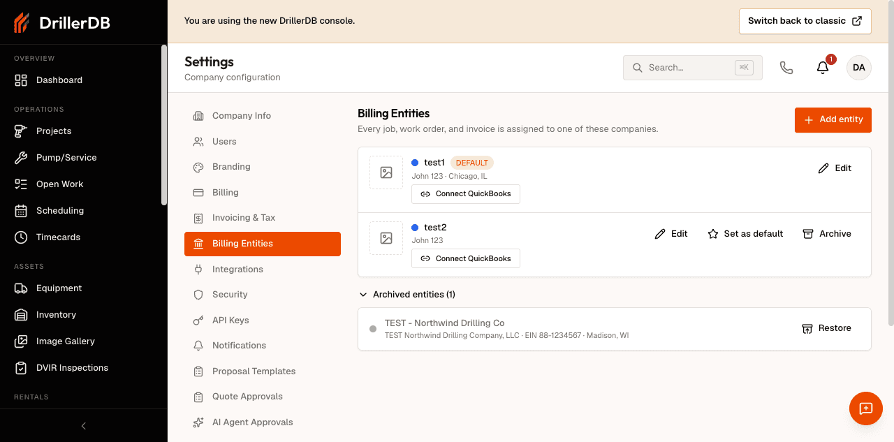 The Archived entities section expanded at the bottom of the Billing Entities page, showing a dimmed entity card with a Restore action.