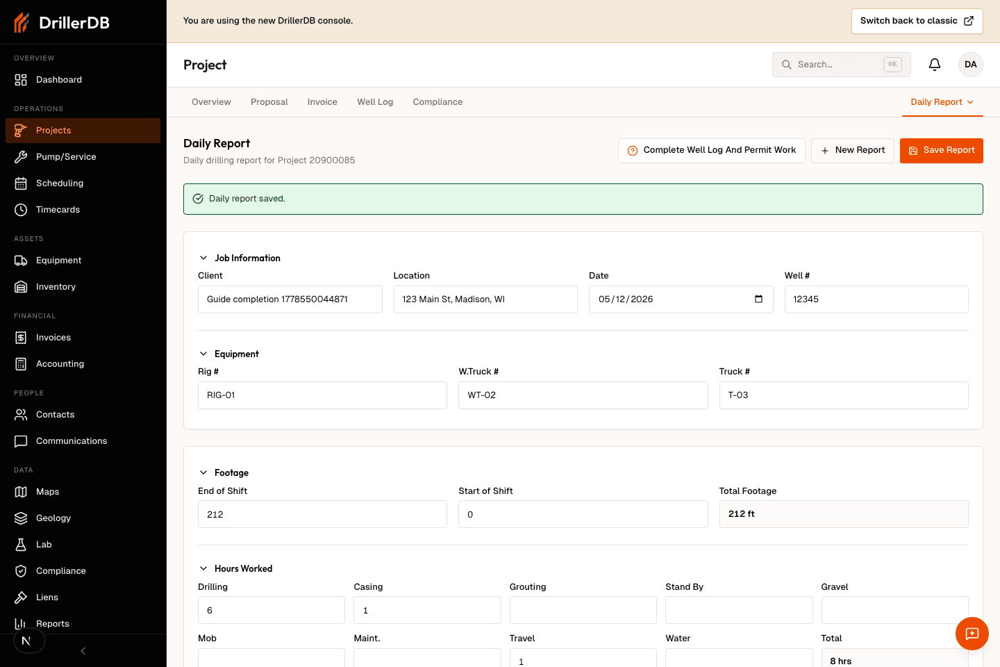 Daily Report tab with completed drilling report fields saved for the project.