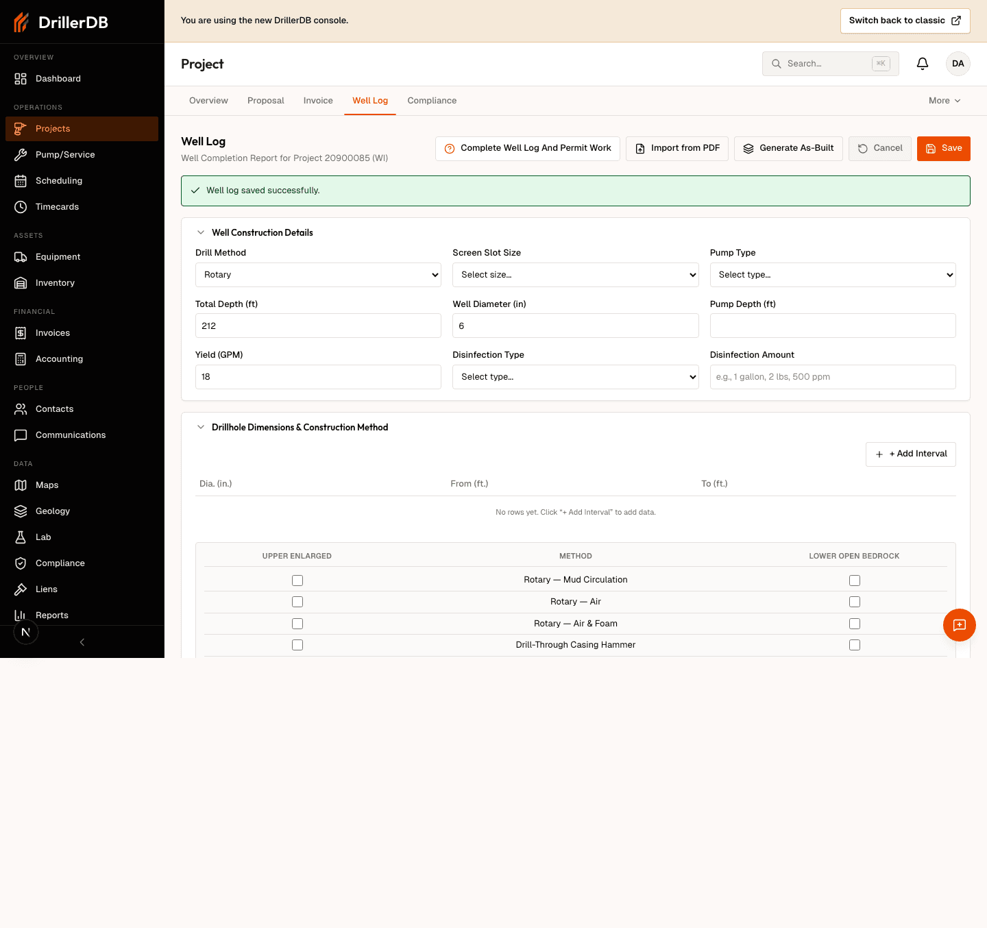 Well Log tab saved with drill method, total depth, well diameter, yield, and geology details.