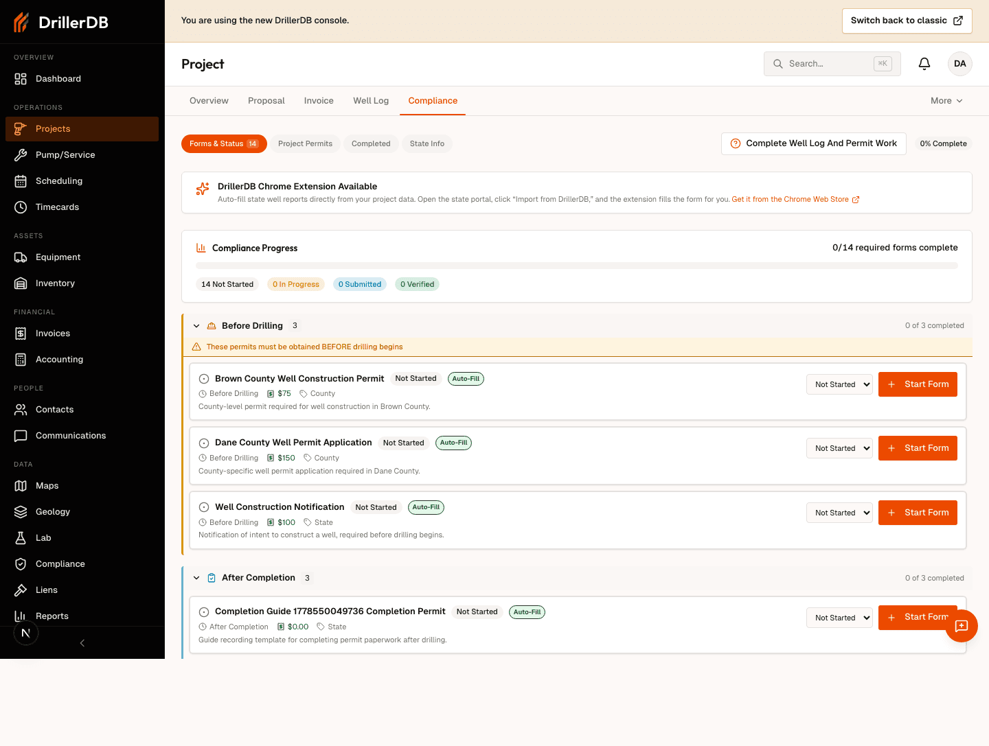 Compliance tab with the After Completion group expanded and the completion permit form ready to start.