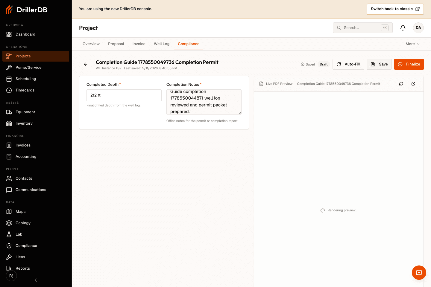 Compliance form editor with completed depth and completion notes filled and saved as a draft.