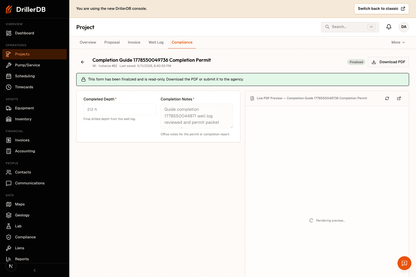 Finalized compliance form editor showing the form has been finalized and the PDF download control is available.