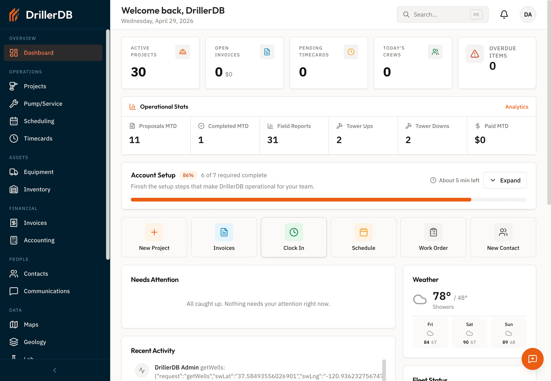 DrillerDB dashboard with a row of quick-action tiles. New Project is the first tile, highlighted with an orange plus icon.