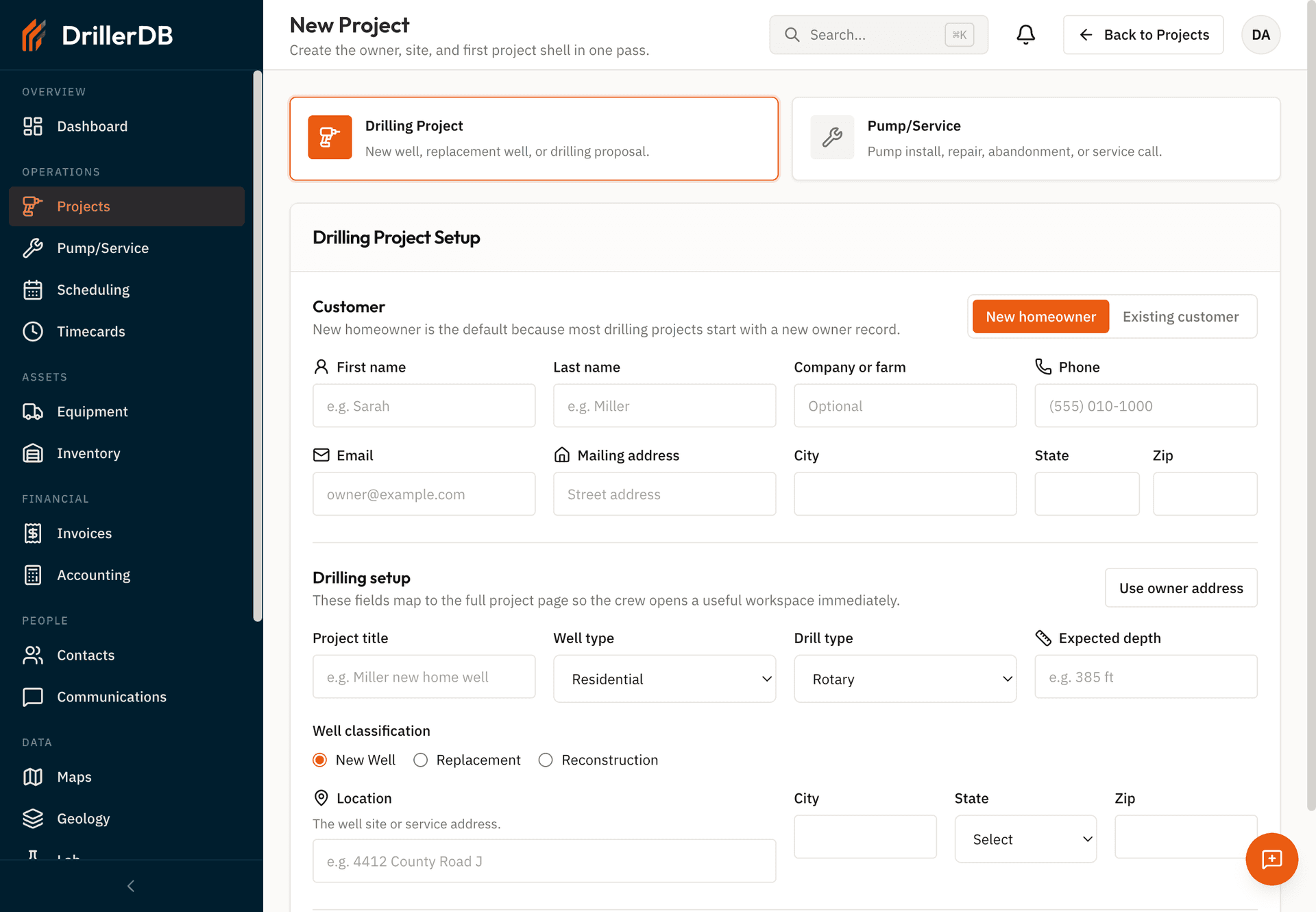 Two project-type cards side by side: Drilling Project (selected, orange border, drill icon) on the left and Pump/Service (gray, wrench icon) on the right.