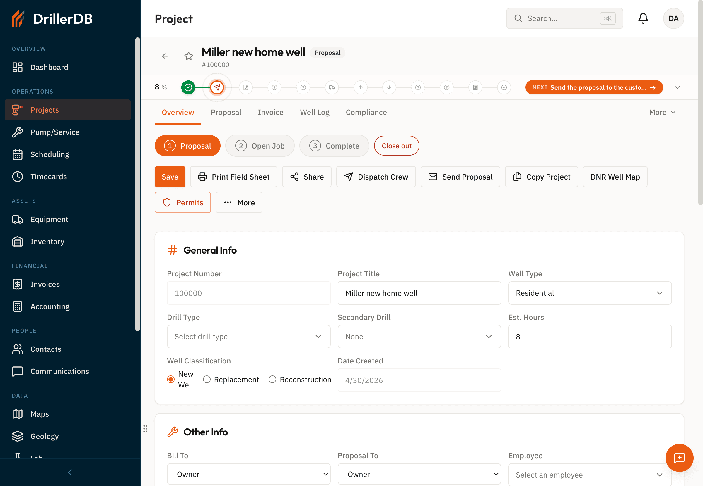 New project page for 'Miller new home well' with project number #100000, a Proposal status badge, an 8% complete progress bar, and primary action buttons including Save, Print Field Sheet, Share, Dispatch Crew, and Send Proposal.