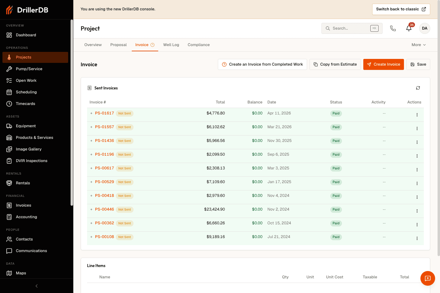 Invoice tab line-item editor with a completed residential well drilling line, final-depth description, quantity, and unit cost filled in.