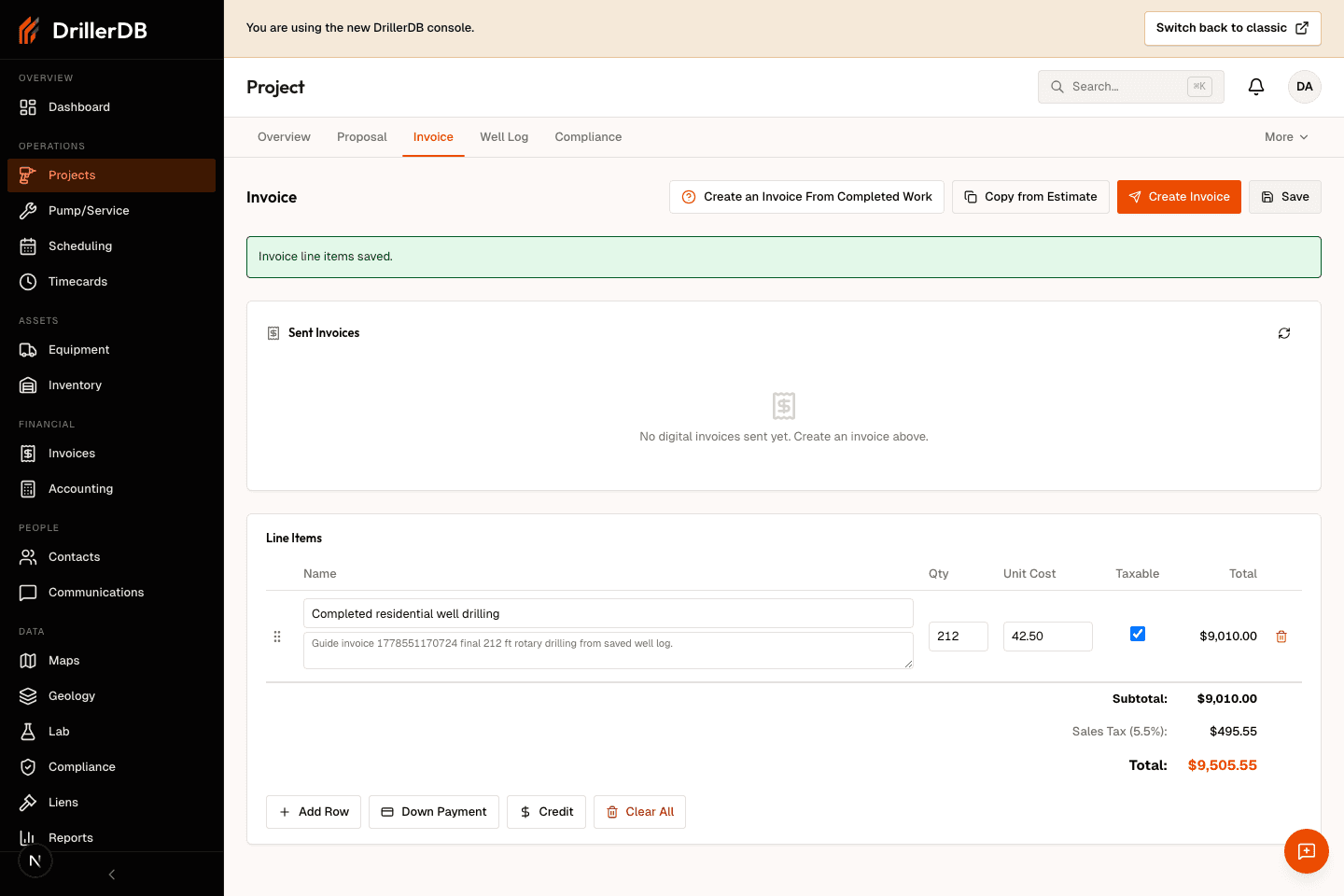Invoice tab showing the saved completed-work line item and a success message that invoice line items were saved.