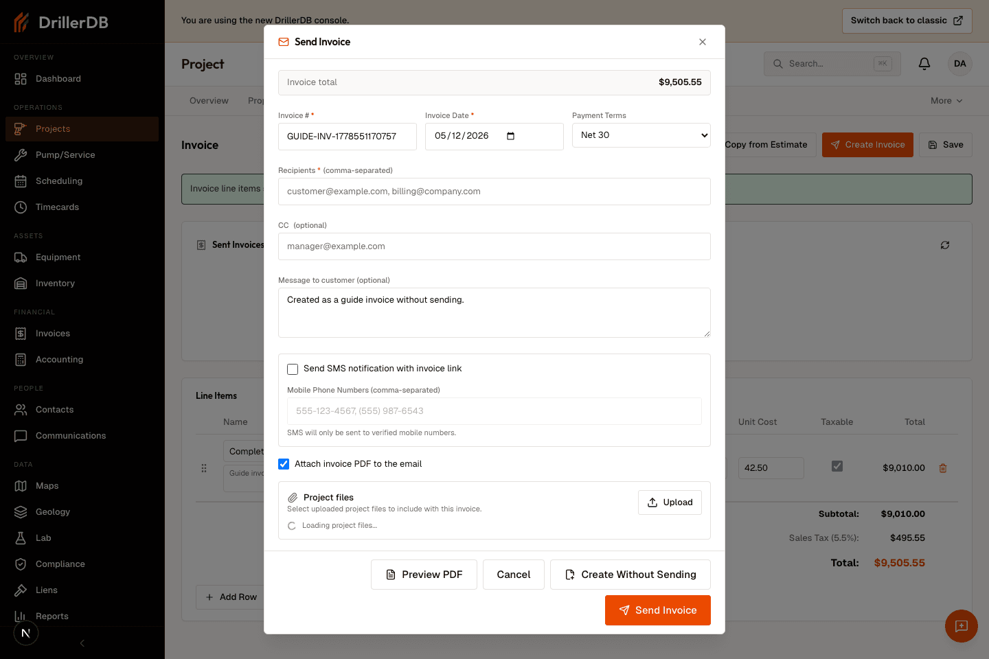 Send Invoice dialog filled with a guide invoice number and message, ready to create the invoice without customer delivery.
