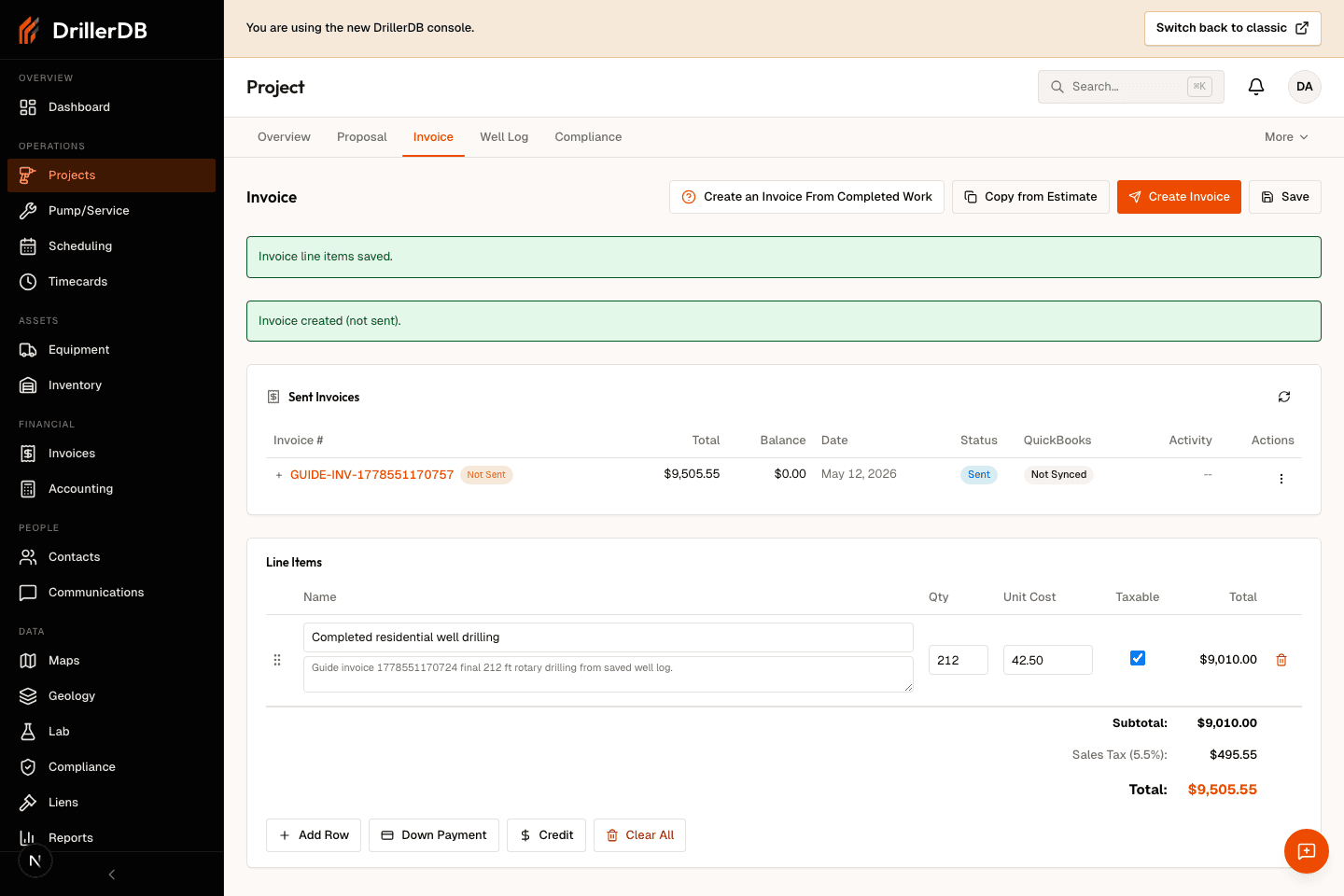 Invoice tab after creating the invoice without sending, showing the new invoice row in the sent-invoices table.