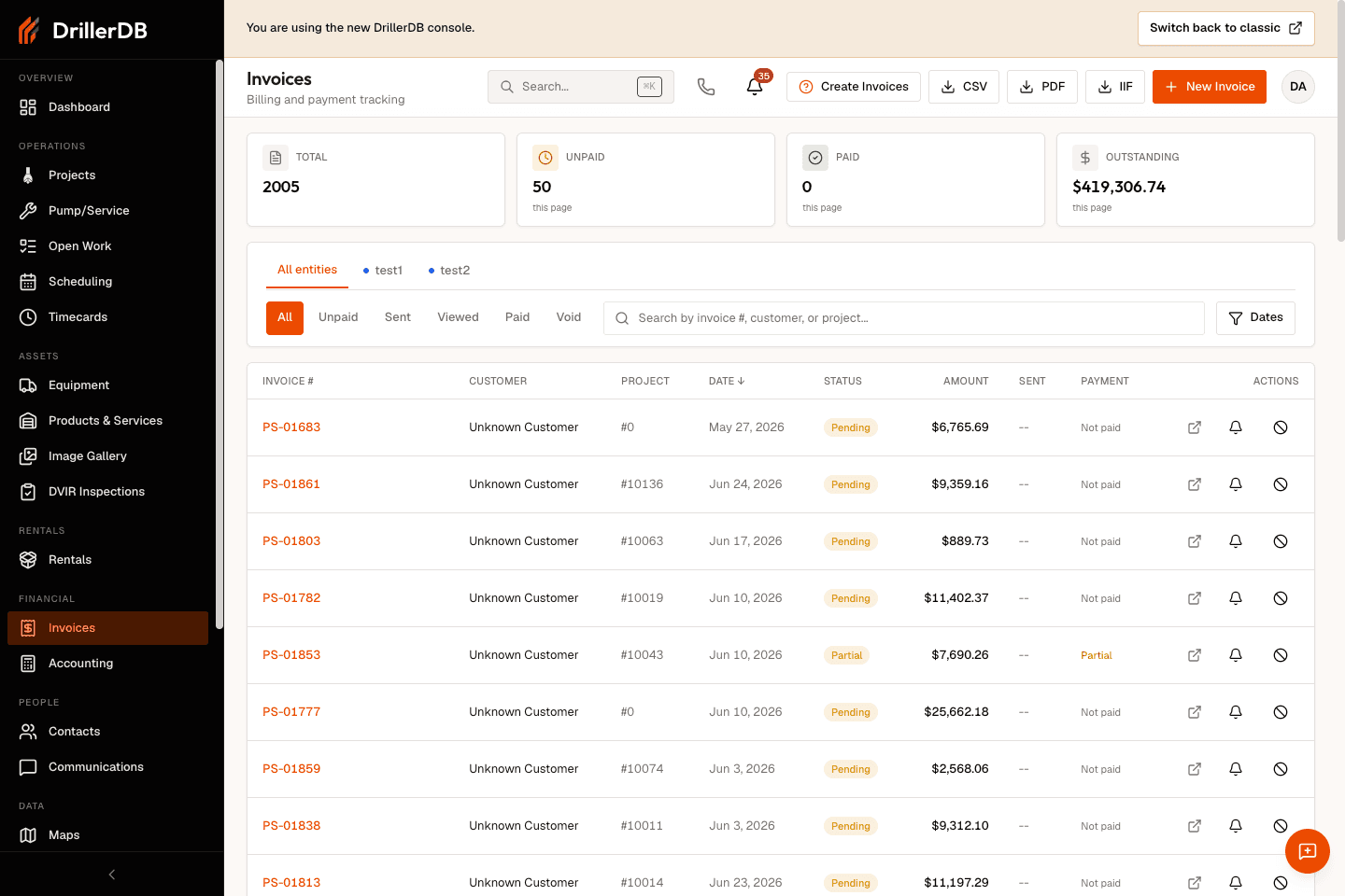 Invoices workspace showing summary cards, status filters, search, date filter, export controls, and invoice rows.
