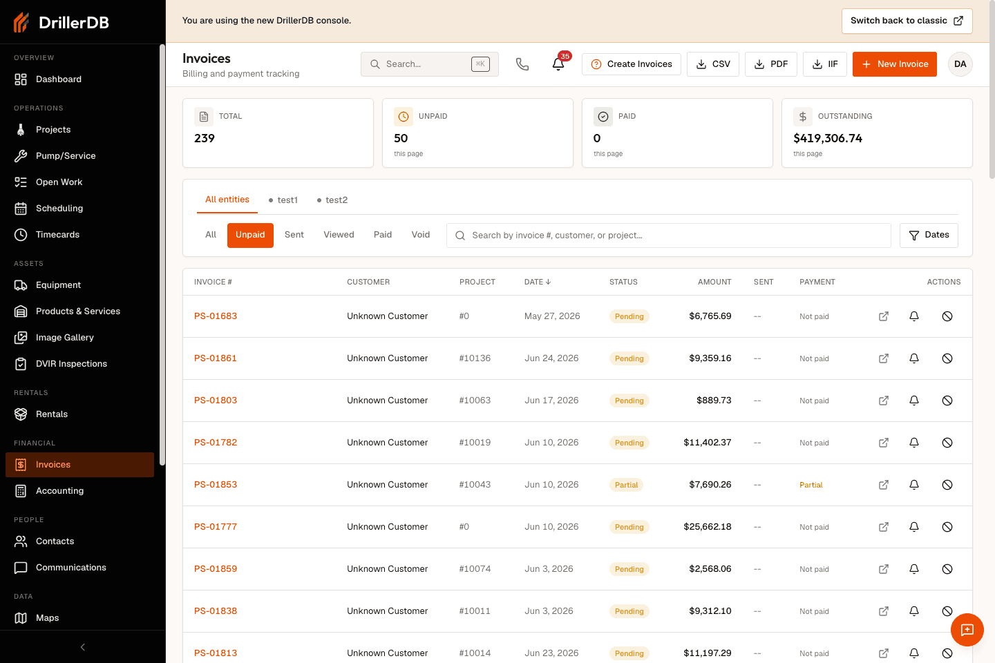 Invoices workspace with status and date filters visible for narrowing invoice records.