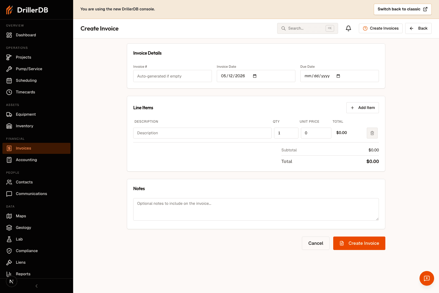 Create Invoice page showing invoice details, line items, notes, cancel, and Create Invoice controls.