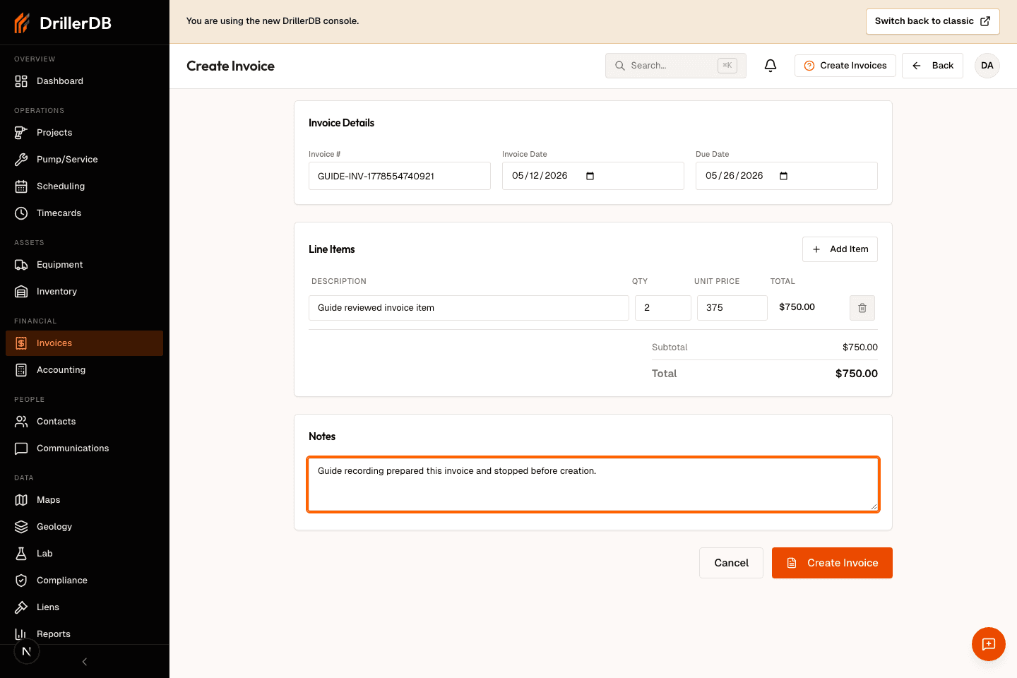 Create Invoice page filled with example invoice number, due date, line item, quantity, unit price, notes, and calculated total.