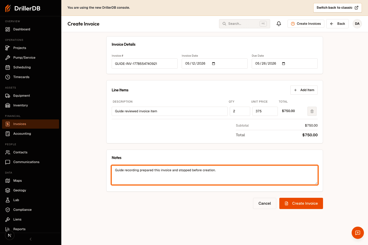 Create Invoice page ready for final review with Create Invoice visible but not clicked.