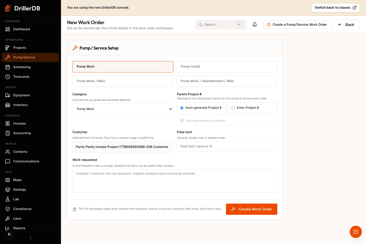 New Work Order page with the Pump / Service Setup panel open and a selected customer displayed.