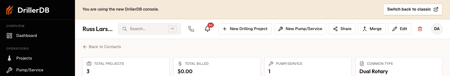 Test customer Russ Larsen page in the current DrillerDB console with the New Pump/Service button in the top-right corner.