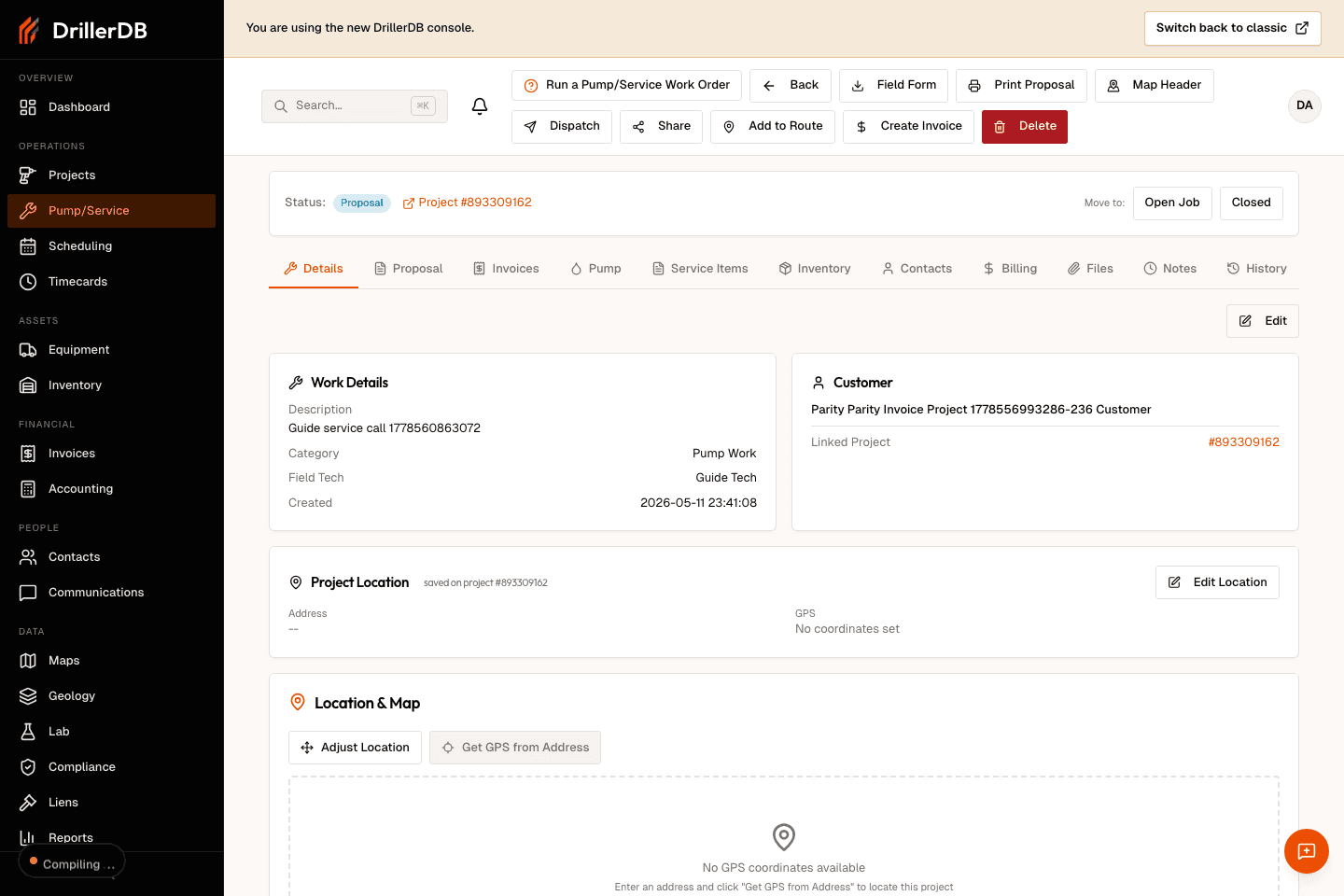 Created work order workspace showing the details tab and service-job tabs for proposal, invoices, pump, service items, inventory, contacts, billing, files, notes, and history.