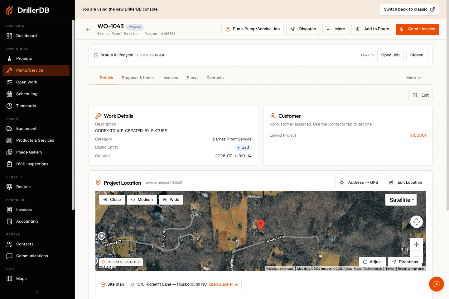 Created Pump/Service workspace showing the details tab and service-job tabs for proposal, invoices, pump, service items, inventory, contacts, billing, files, notes, and history.