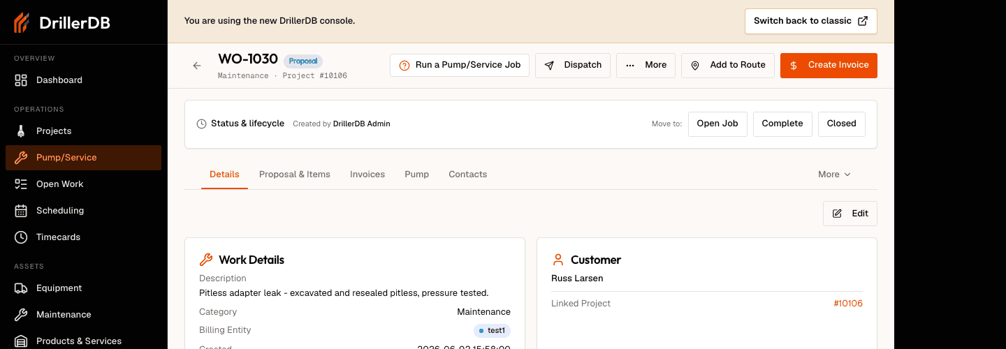 Current test Pump/Service workspace in Proposal status with test customer Russ Larsen directly attached and linked project 10106 displayed. Contact details are hidden.