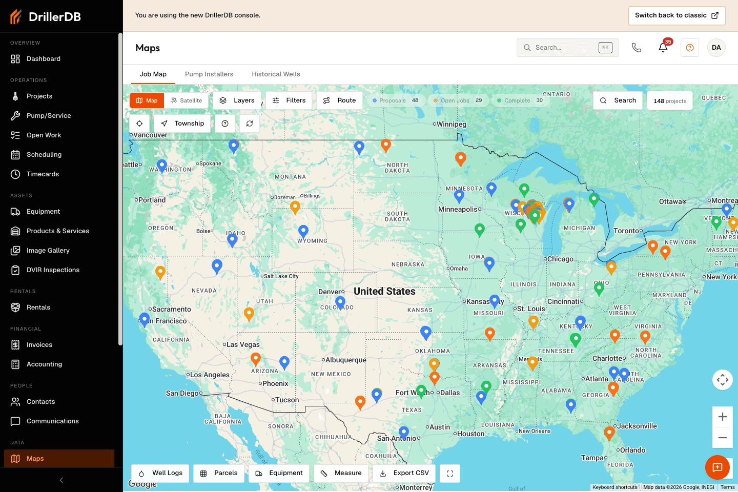 Maps workspace showing the job map tab, map toolbar, status chips, and local fallback map project cards.