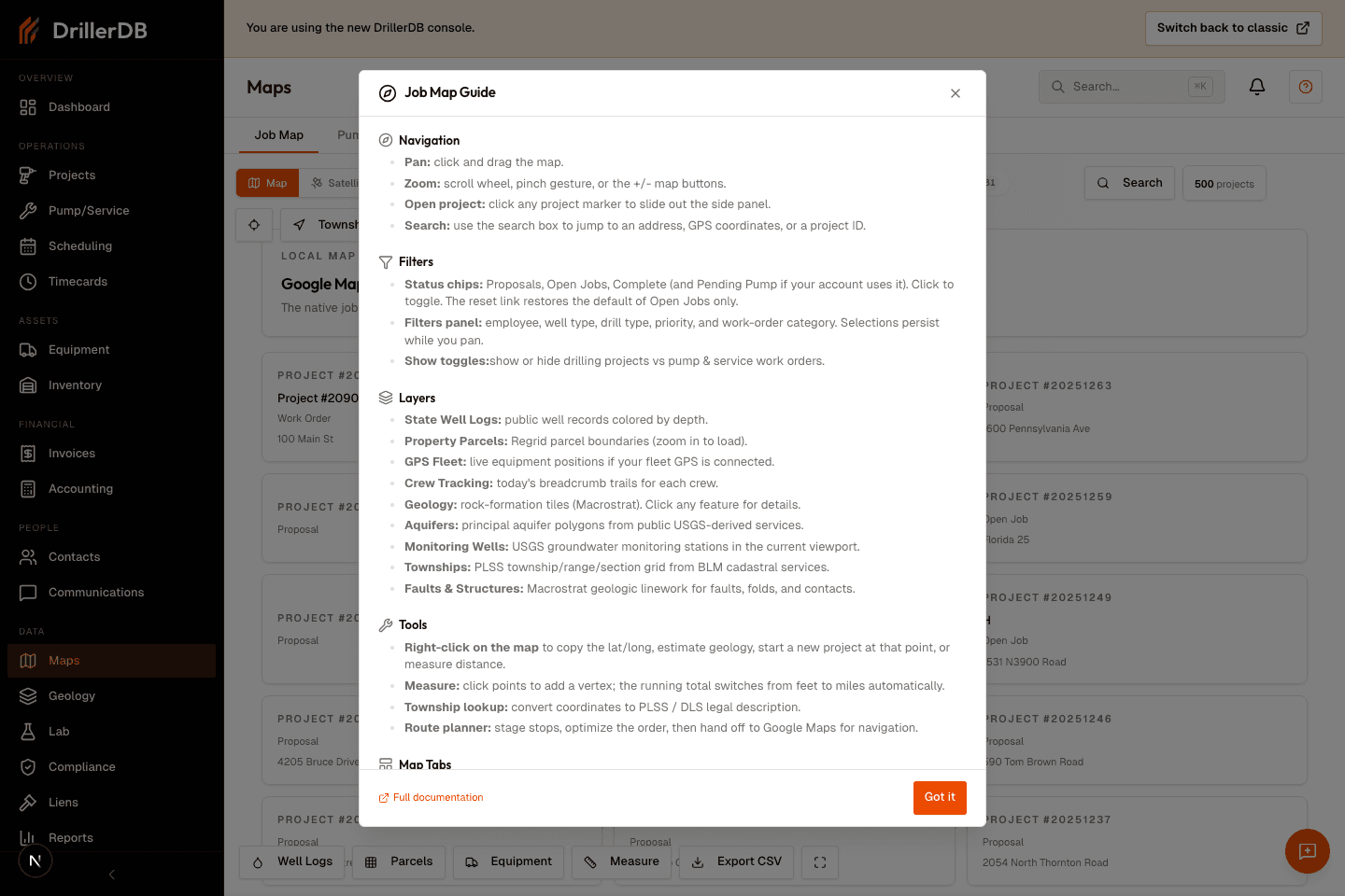 Job Map Guide modal explaining search, filters, layers, route planner, pump installers, and historical wells.