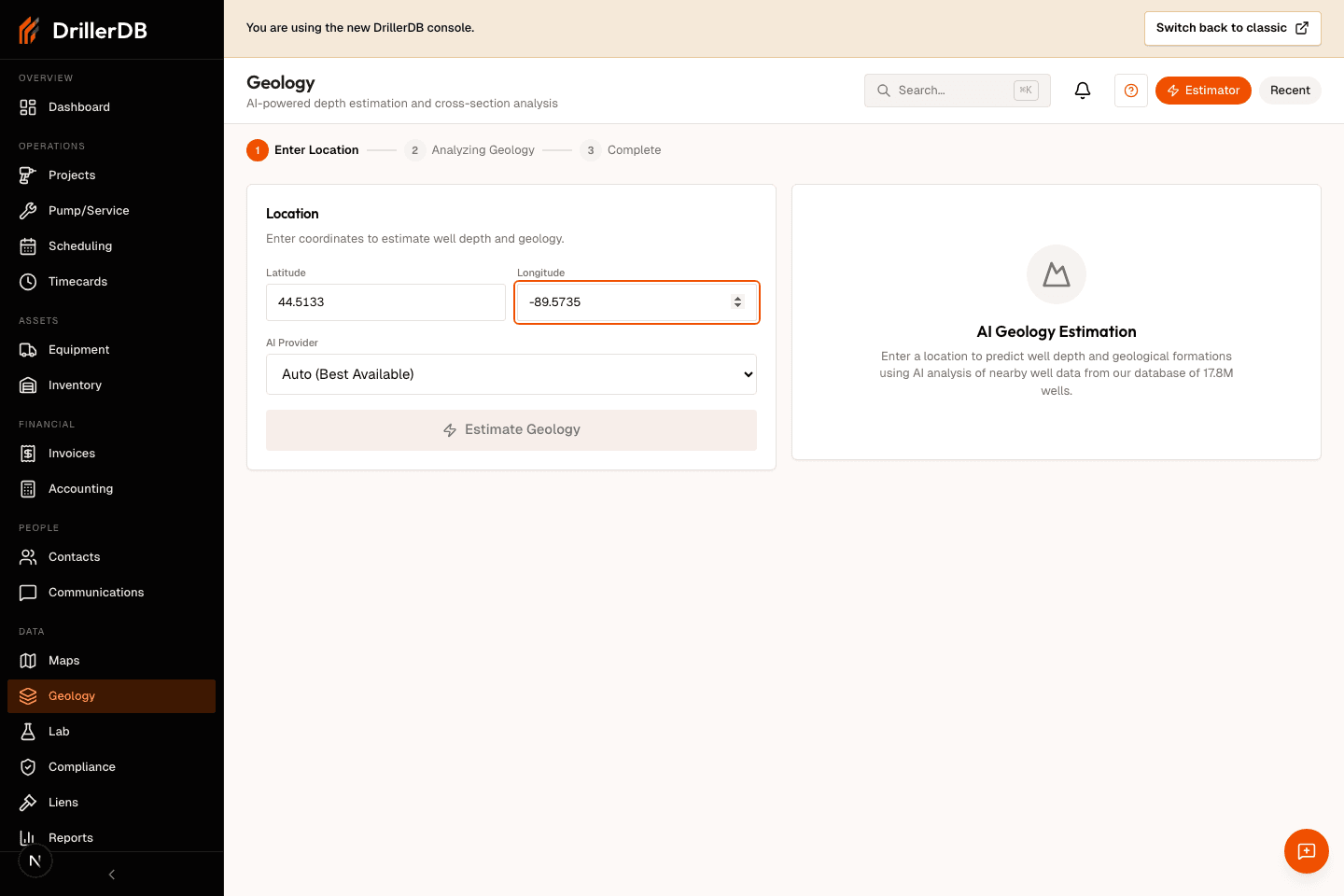 Geology estimator with latitude, longitude, AI provider, and Estimate Geology button ready but not submitted.