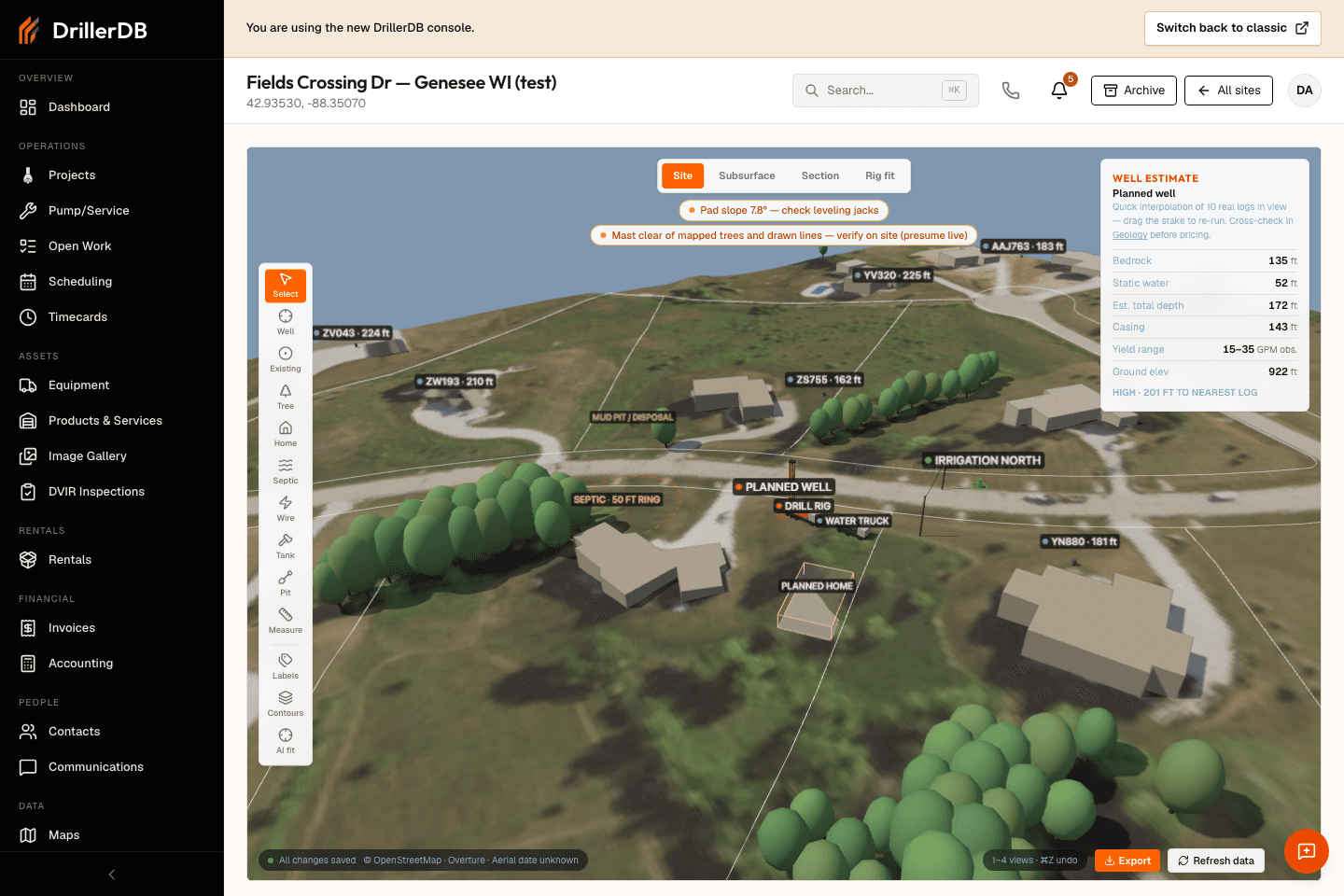 Site view with a staked planned well, drill rig, septic isolation ring, and live clearance warnings over 3D terrain.