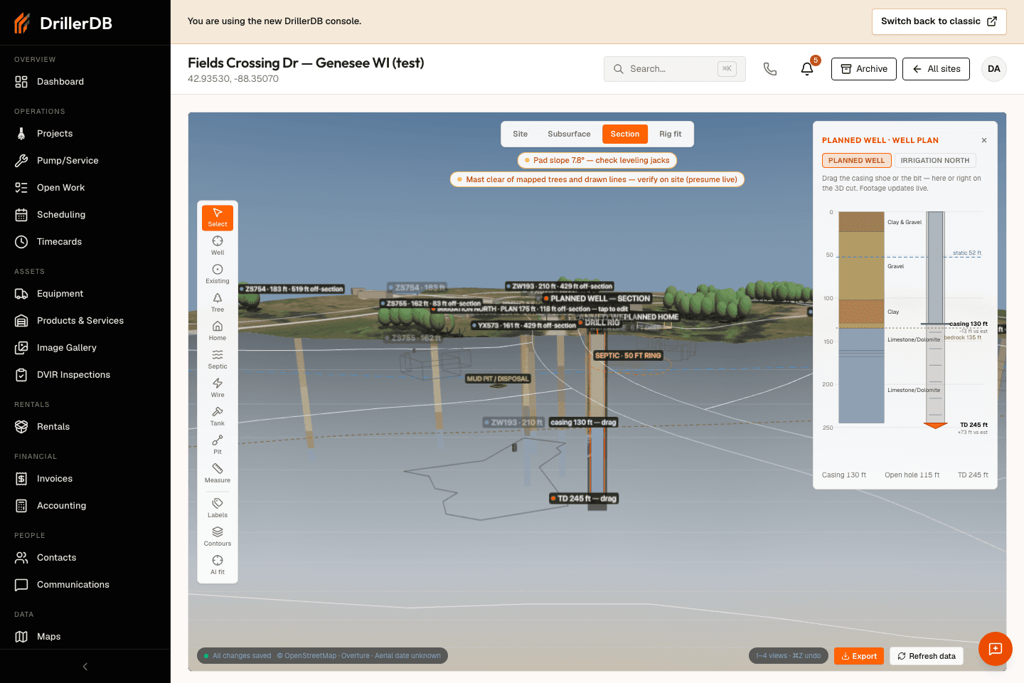 Section view cutting the terrain at the planned well with the draggable cross-section well plan diagram.