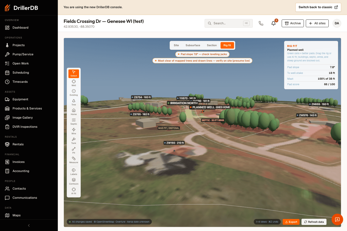 Rig fit view with the pad scoring heatmap and the rig fit readout showing slope, distance, and mast height.