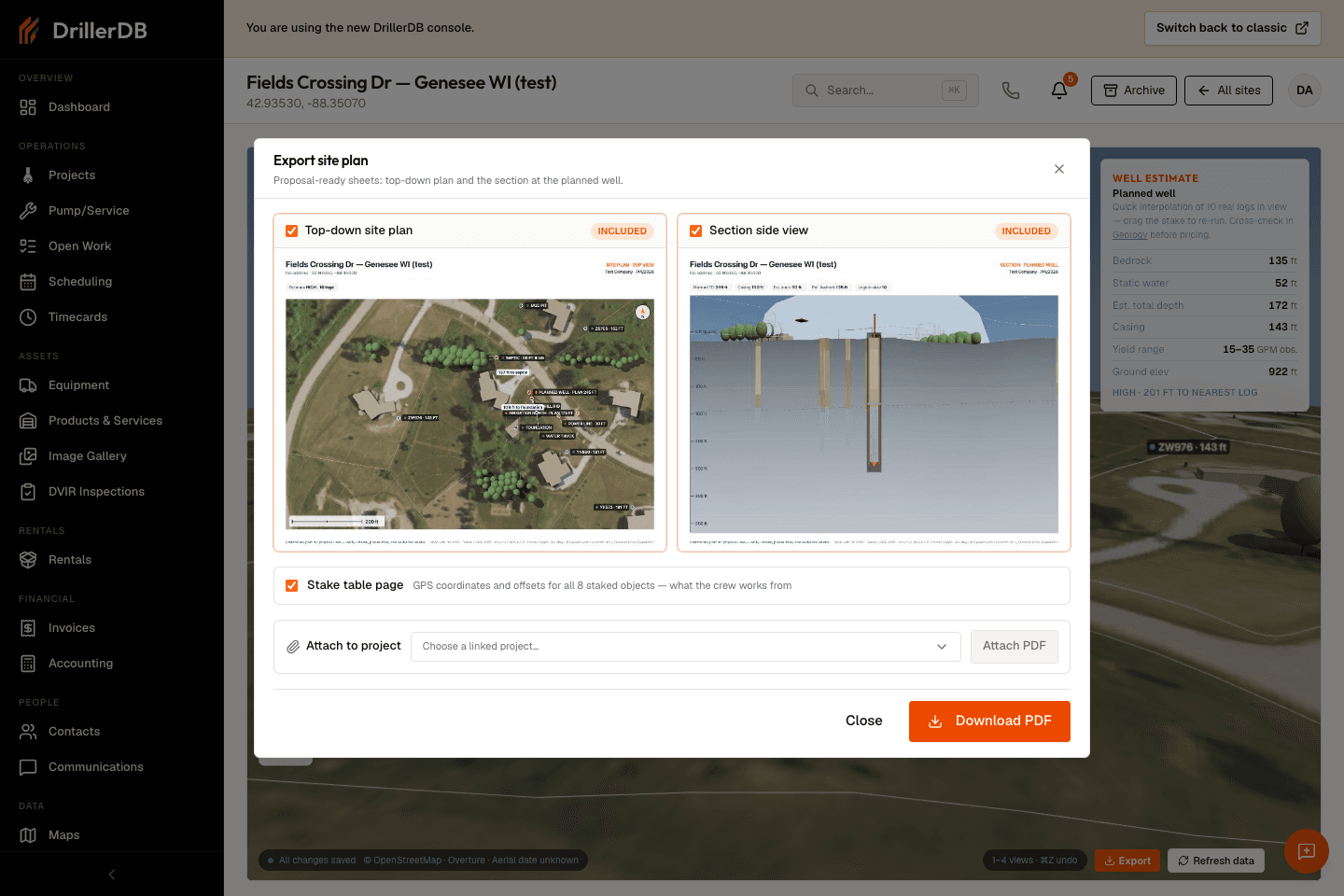 Export dialog previewing the top-down site plan and section sheets with the stake table option and attach-to-project control.