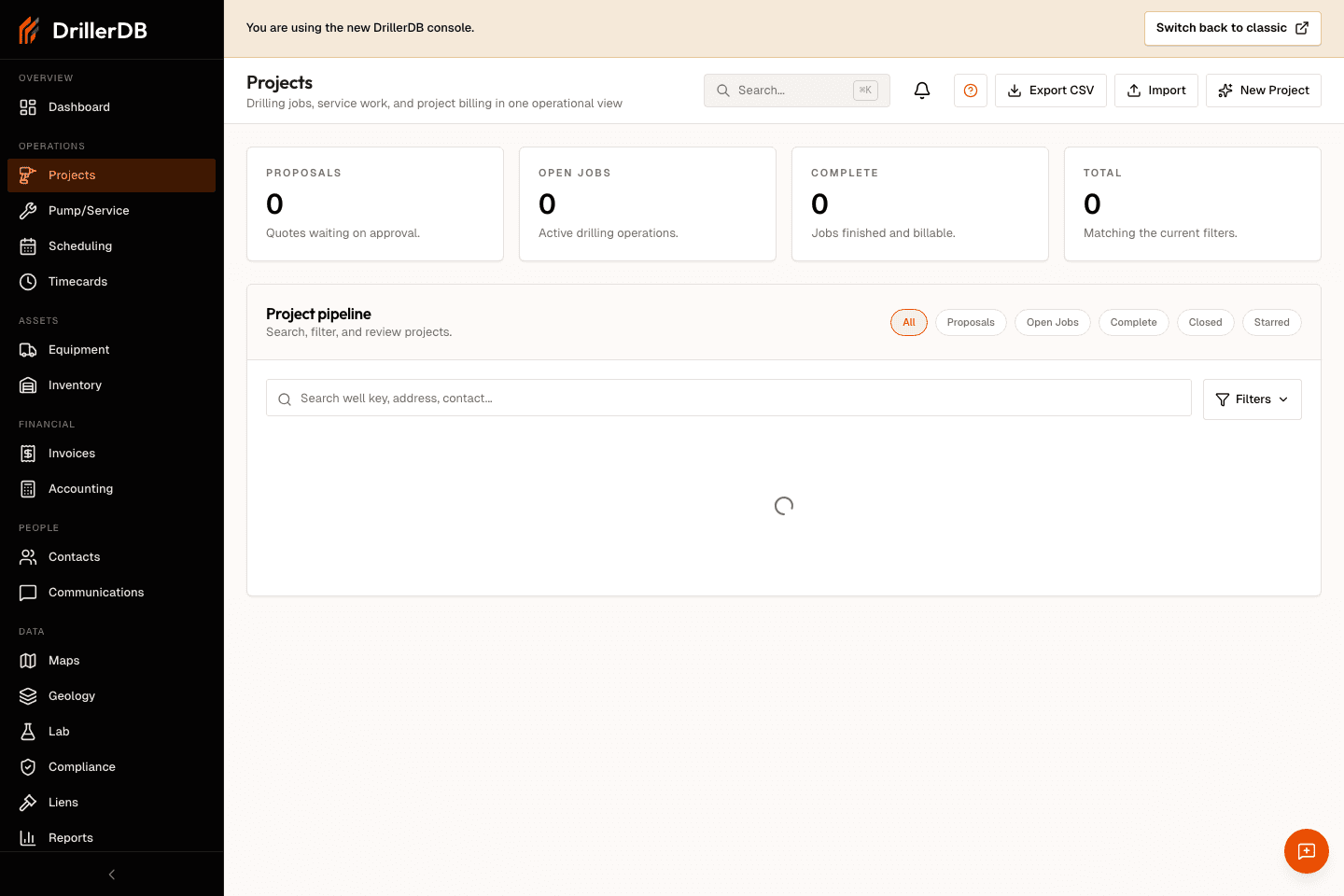 Projects list showing pipeline metrics, status filters, search, advanced filters, and project rows.