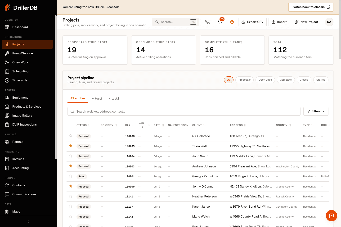 Projects list showing pipeline metrics, status filters, search, advanced filters, and project rows.
