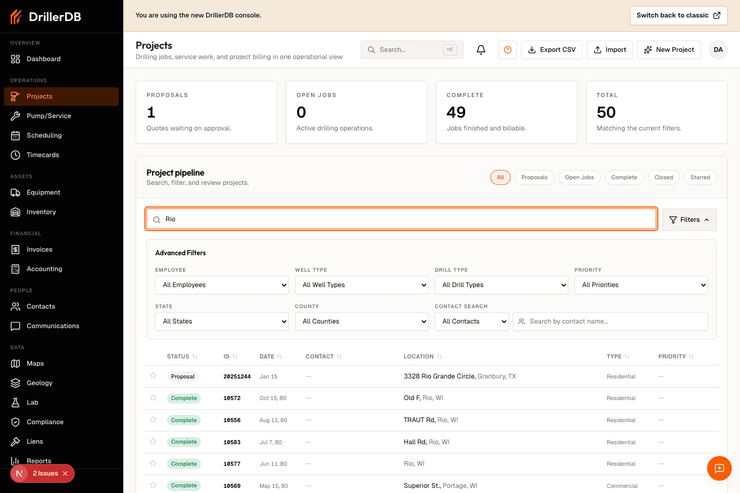 Projects list with advanced filters open for employee, well type, drill type, priority, state, county, and contact search.