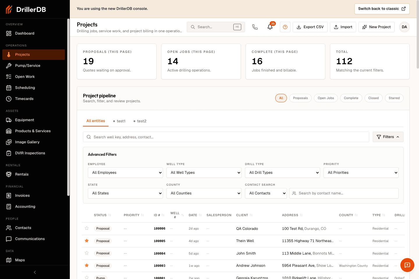 Projects list with advanced filters open for employee, well type, drill type, priority, state, county, and contact search.