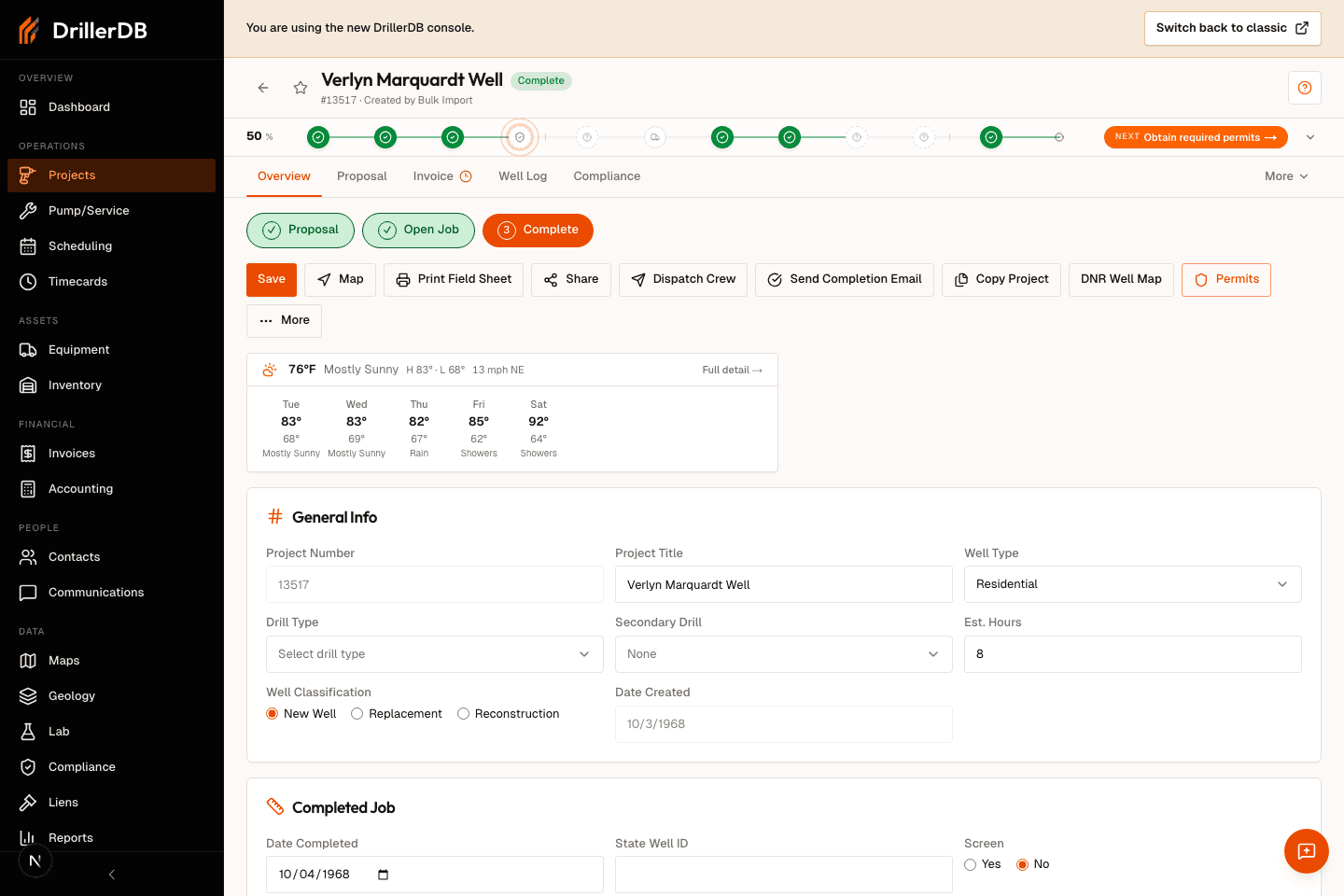 Project detail overview showing sticky header, project number, status, lifecycle strip, tab bar, and primary action buttons.