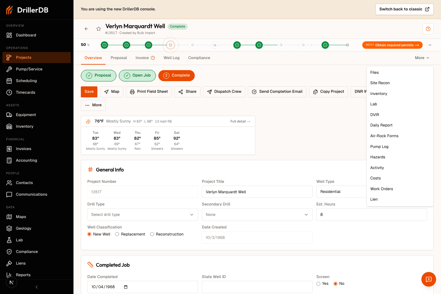 Project tab bar with Overview, Proposal, Invoice, Well Log, Compliance, and the More menu open.