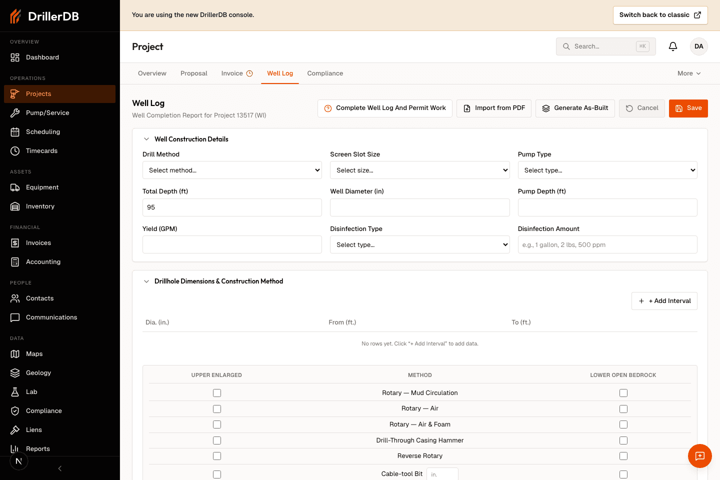 Project Well Log tab open as a read-only orientation to where well construction details live.