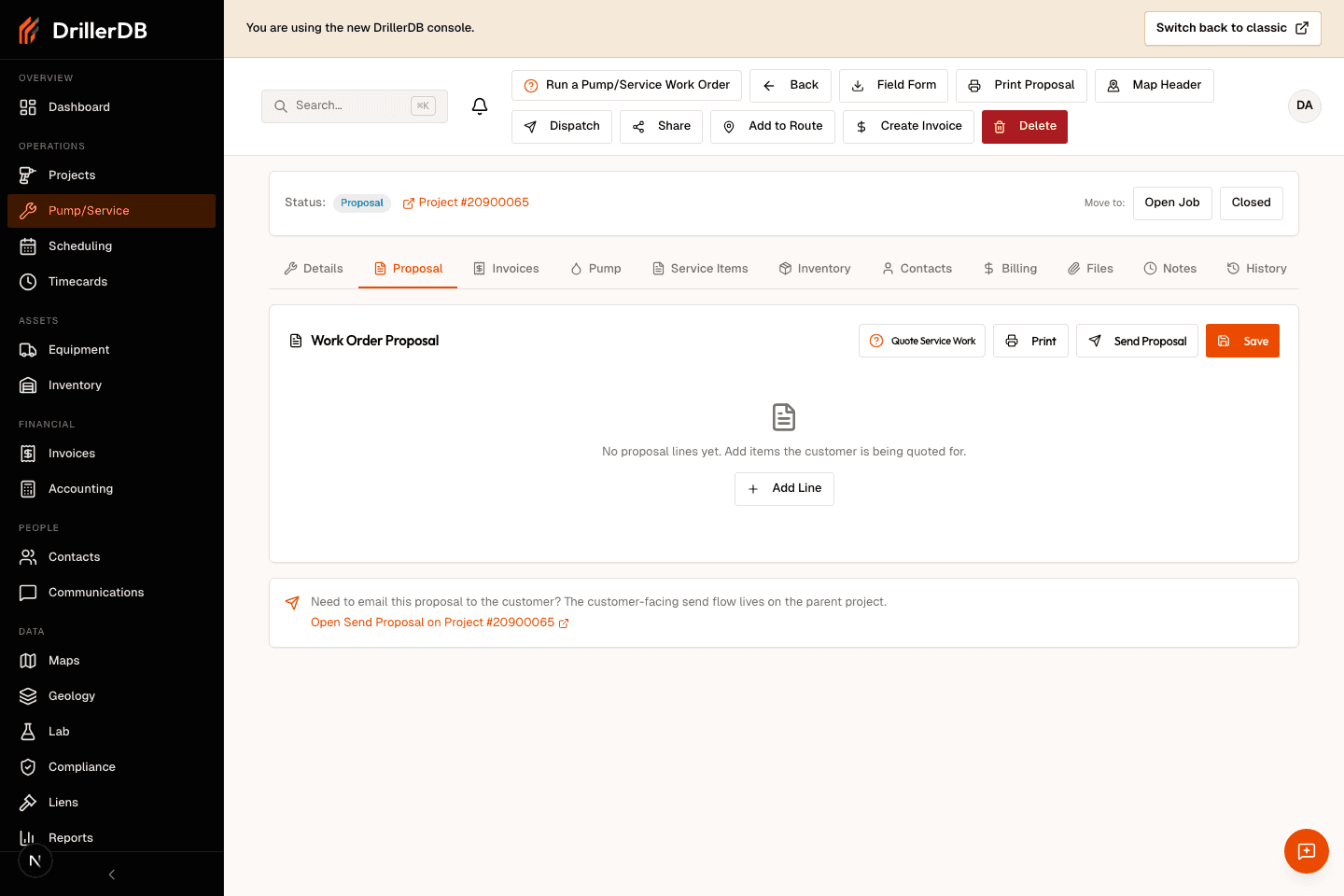 Work Order Proposal tab ready with no proposal lines yet and actions for Print, Send Proposal, and Save.