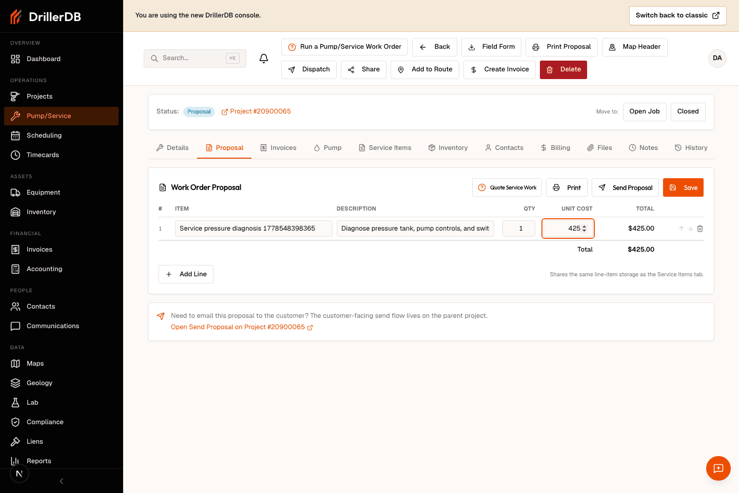 Work Order Proposal tab with a service pressure diagnosis quote line, optional detail, quantity, unit cost, and calculated total.