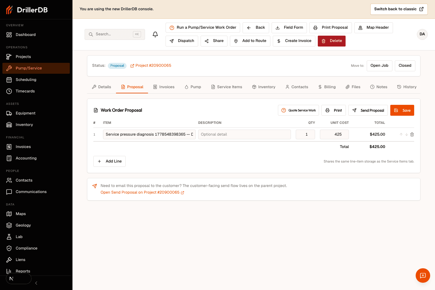 Work Order Proposal tab after the service quote line is saved and still visible in the line-item table.