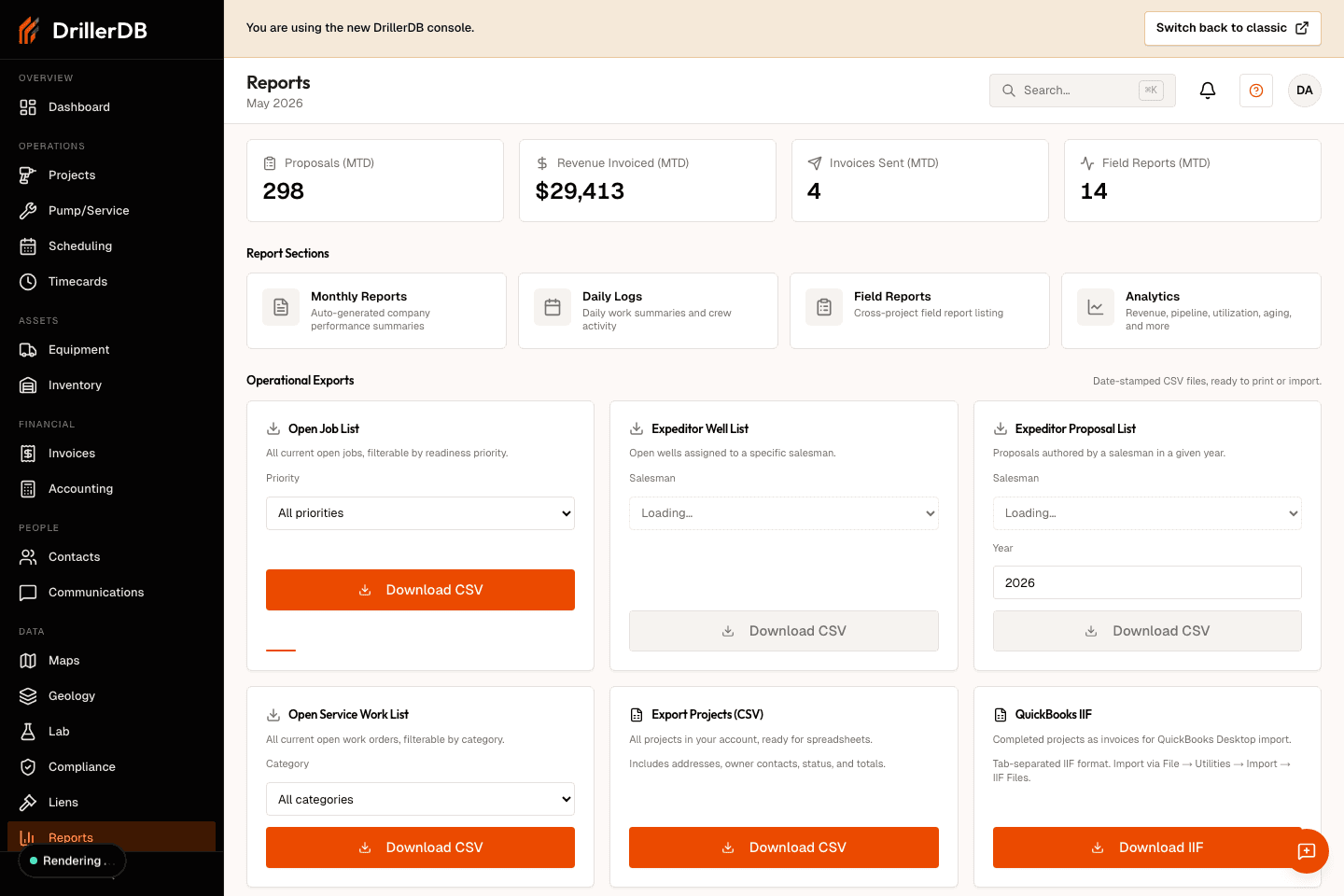 Reports hub showing KPI cards, report-section cards, operational exports, and year-to-date metrics.
