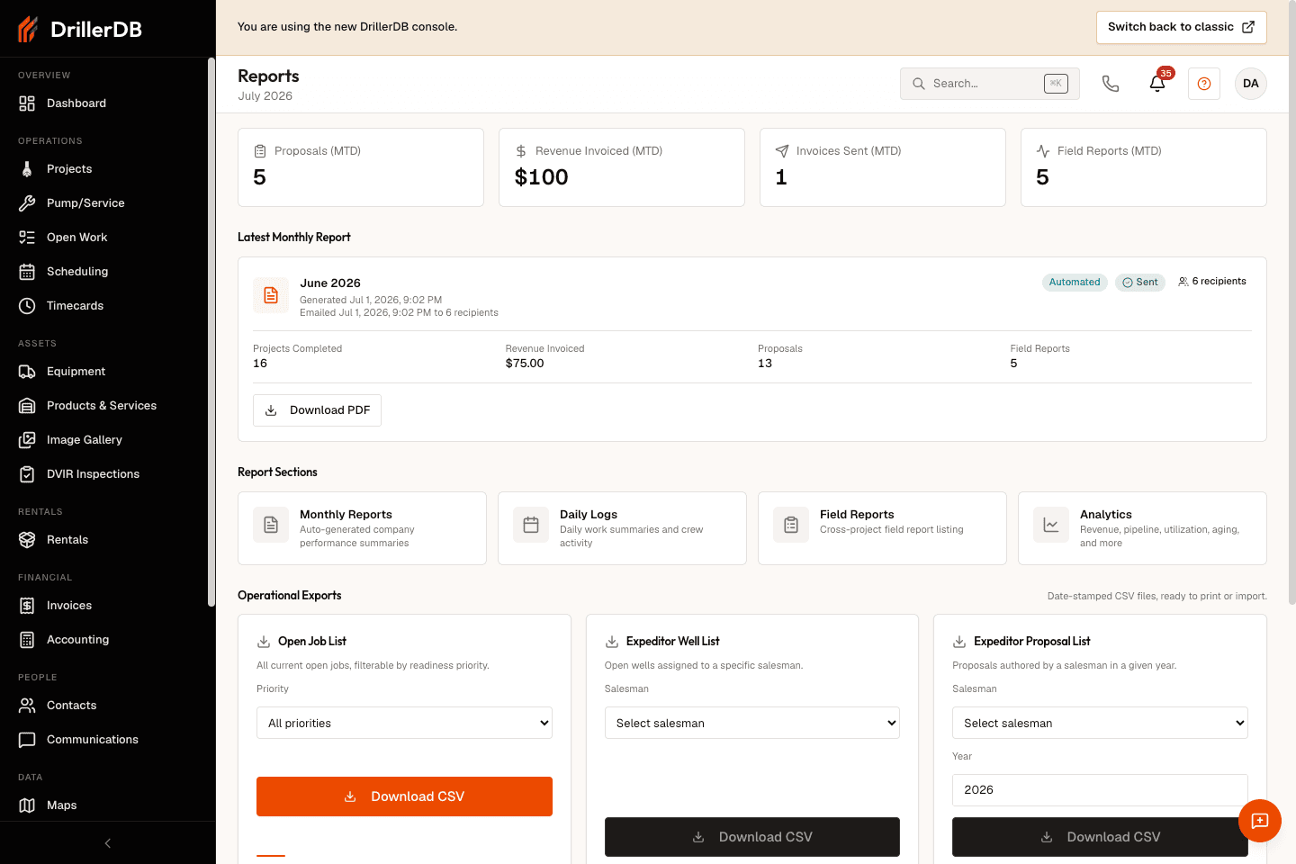 Reports hub showing KPI cards, report-section cards, operational exports, and year-to-date metrics.