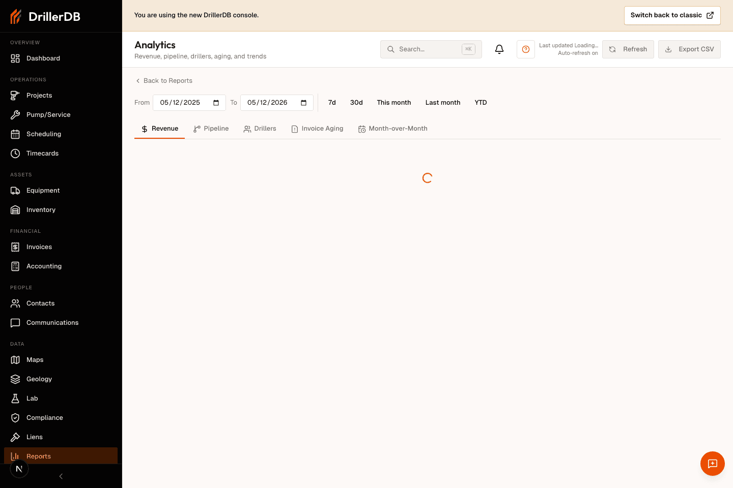 Analytics page showing the date range filter, refresh status, Revenue tab, and report charts.