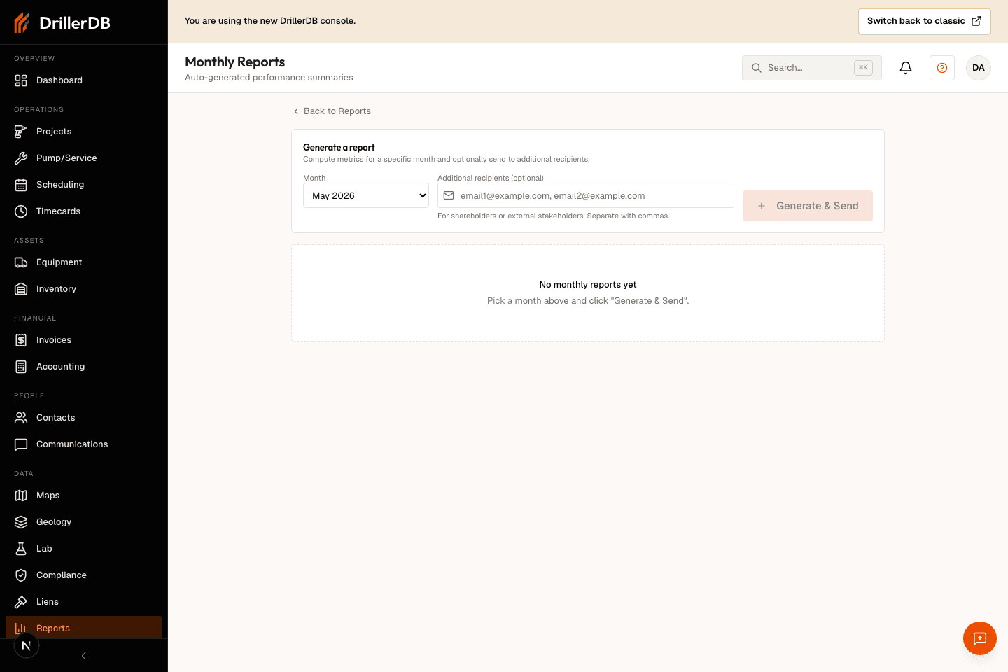 Monthly Reports page showing report history and the Generate a report controls.