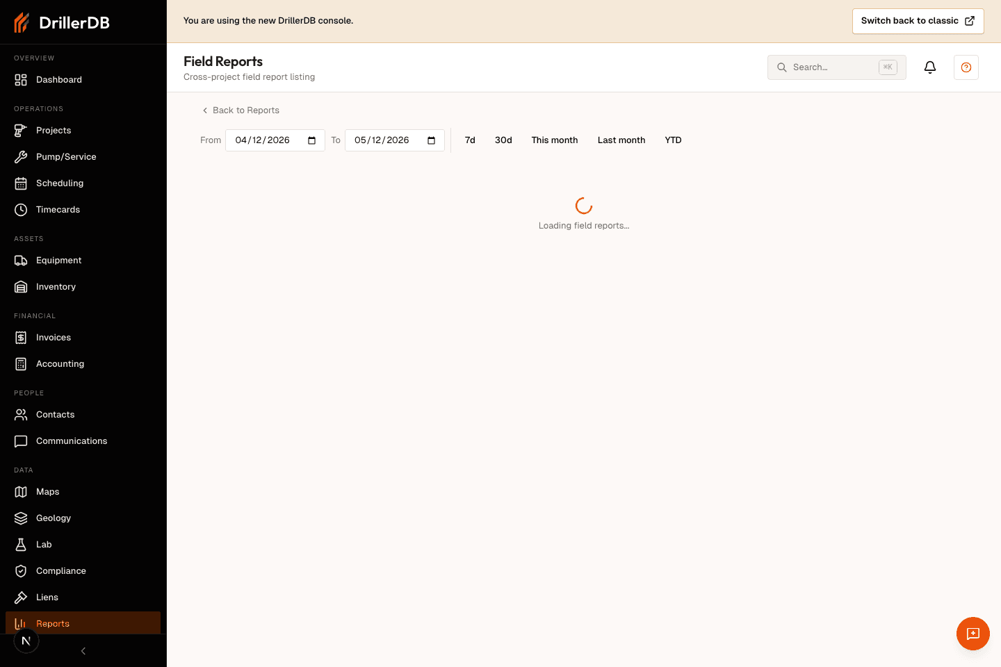 Field Reports page showing date filters, export controls, and the cross-project field report table area.