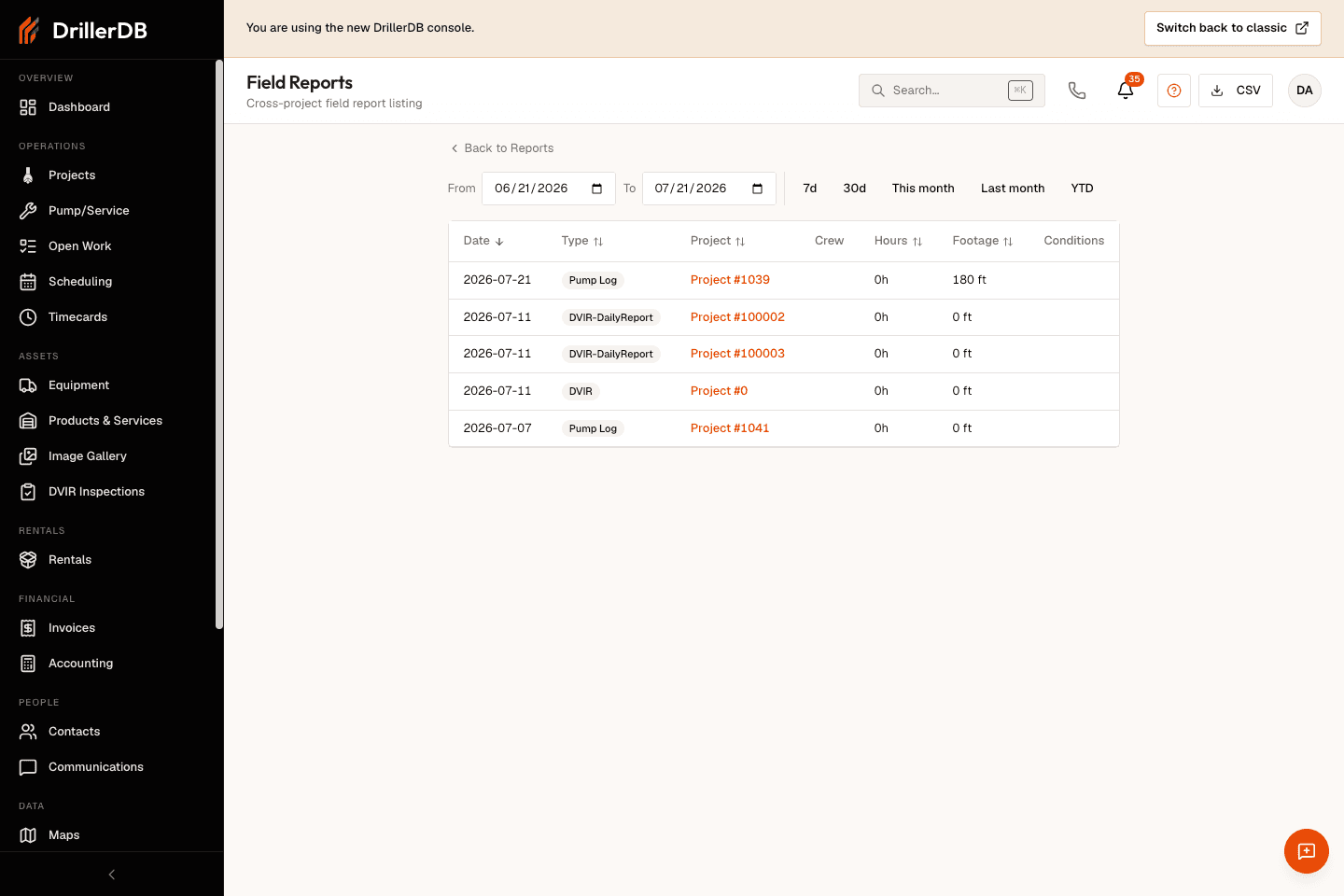 Field Reports page showing date filters, export controls, and the cross-project field report table area.