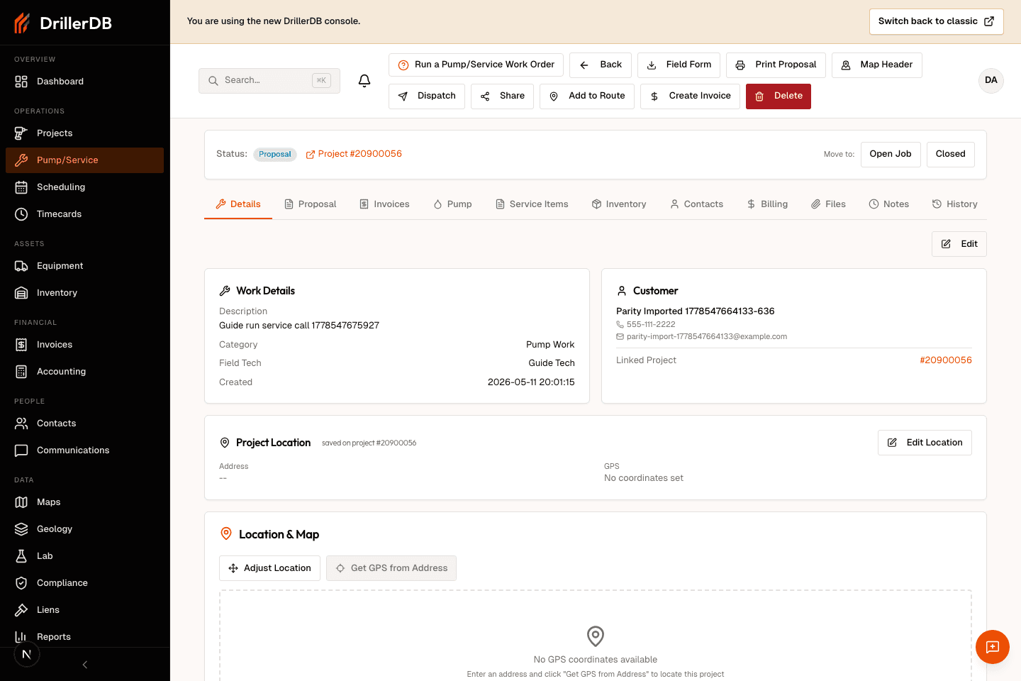 Work order workspace open with status controls, tabs, work details, customer, location, and contacts.